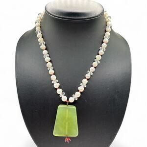 Pearl and Serpentine Stone Beaded Necklace with Sterling Silver Hook Clasp